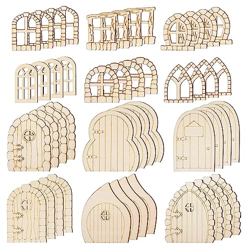 Illkjasfc 48 Stück Unvollendete Miniaturen Tür Unbemalt Fee Heimdekoration Feentür Holz Gartentür Fenster Feenhaus Kits von Illkjasfc