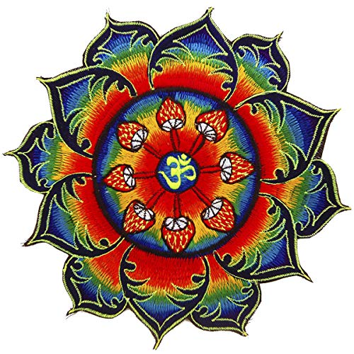 ImZauberwald AUM Aufnäher (Schwarzlicht aktive Handarbeit) OM Patch Design, Applikation zum Aufnähen oder als Dekoration, UV Goa Stickerei Kosmische Musik Mandala Kunst, L, Zauberpilz Aum von ImZauberwald