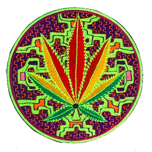 ImZauberwald Ayahuasca Aufnäher Shipibo Conibo Patch (Schwarzlicht aktive Handarbeit) Applikation zum Aufnähen oder als Deko am Altar Psychedelic Design UV Goa Stickerei, L, Ayahuasca Rastaweed von ImZauberwald