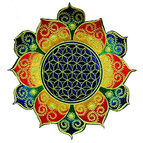 ImZauberwald Flower of Life patch - Heilungsenergie Aufnäher (20cm, UV yellow, rainbow fractal mandala) von ImZauberwald