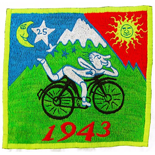 ImZauberwald Hofmann LSD Bicycle Day Aufnäher original (16.5cm, Schwarzlicht aktiv, handgestickt ohne PC) psychedelic acid patch psy trance goa hippie blacklight glowing Albert Hofmann 1943 von ImZauberwald