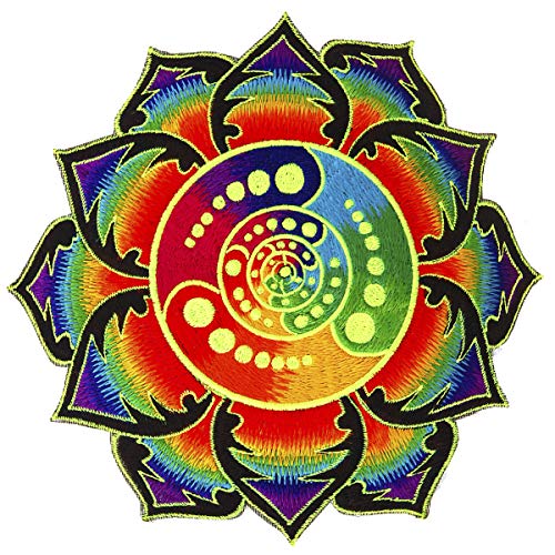 ImZauberwald Kornkreis Aufnäher (Schwarzlicht aktive Handarbeit) Crop Circle Patch Design, Applikation zum Aufnähen oder als Dekoration, UV Goa Stickerei Ausserirdische Mandala Kunst, L, Regenbogen Attributes von ImZauberwald