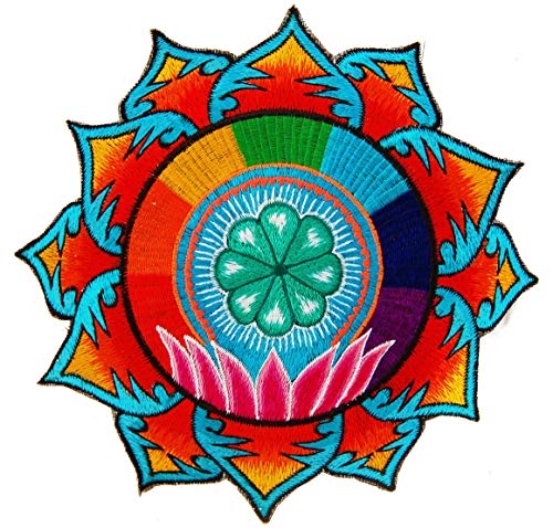 ImZauberwald Lotus Peyote Aufnäher (20cm, Schwarzlicht aktiv, handgestickt ohne PC) Meskalin Kaktus Hikuri Huichol Regenbogen patch von ImZauberwald