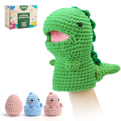 Imcrasy Dino Handpuppe Häkelset | Häkelset für Anfänger | Strickset mit Schritt-für-Schritt-Anleitung | Schönes Geschenk mit Geschenkbox | Kreatives Basteln für jedes Alter von Imcrasy