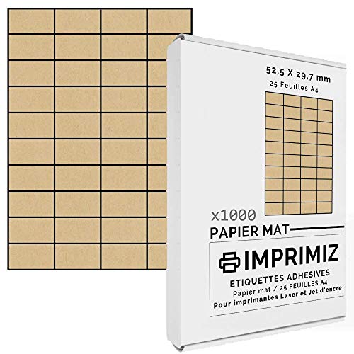 1000 selbstklebende Etiketten aus natürlichem Kraftpapier, 52,5 x 29,7 mm, 40 Etiketten/Blatt, für Laser- und Tintenstrahldrucker, 25 Blatt A4 farbig von Imprimiz