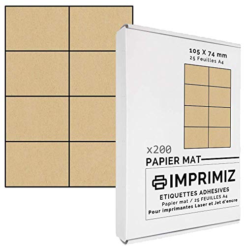 200 selbstklebende Etiketten aus natürlichem Kraftpapier, 105 x 74 mm, 8 Etiketten/Blatt, für Laser- und Tintenstrahldrucker, 25 Blatt A4 von Imprimiz