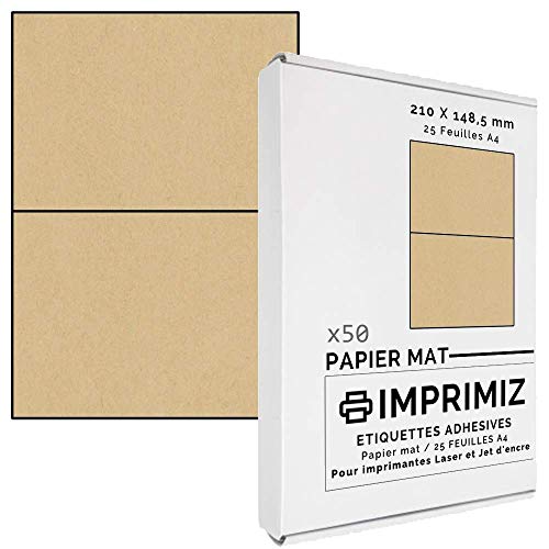 50 selbstklebende Etiketten aus natürlichem Kraftpapier, 148,5 x 210 mm, 2 Etiketten/Blatt, für Laser- und Tintenstrahldrucker, 25 Blatt A4 von Imprimiz