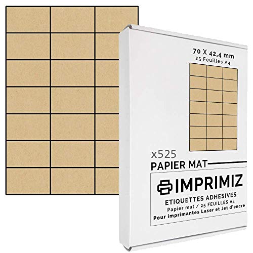 525 selbstklebende Etiketten aus natürlichem Kraftpapier, 70 x 42 mm, 21 Etiketten/Blatt, für Laser- und Tintenstrahldrucker, 25 Blatt A4 von Imprimiz