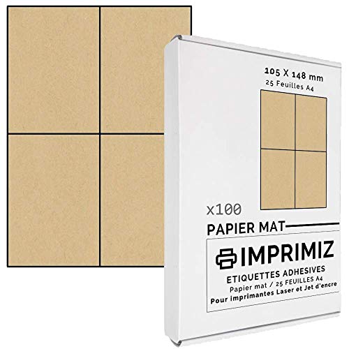 KRAFT Selbstklebende Etiketten, 105 x 148,5 mm, 4 Etiketten/Blatt, für Laser- und Tintenstrahldrucker, 25 Blatt A4 von Imprimiz