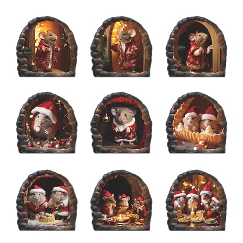 9 Stück Weihnachts Mausloch Aufkleber, lustige Mausloch-Weihnachtsaufkleber, wasserfester Maus Wandkunst Aufkleber, Weihnachts Fensterglas Aufkleber, Mausloch-Aufkleber für Weihnachtsdekoration von Imtrub