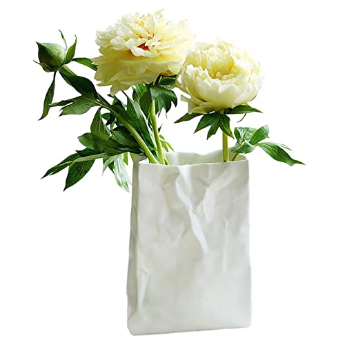 Crinkle Papiertüte Blumenvase - Buch Blumenvase - Weiße Papiertüten-Keramikvase, einzigartige quadratische, Plissierte kleine Vasen mit breiter Öffnung für Zuhause Imtrub von Imtrub