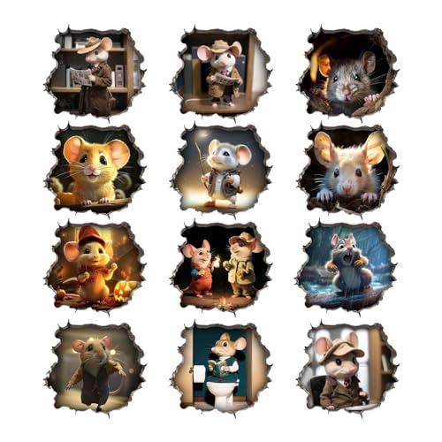 Imtrub 12 Stück 3D Leuchtaufkleber Lustige Wandtattoo, Interessantes Mausloch Wandtattoo Maus in einem Loch, Realistische PVC Wandsticker Aufkleber für Haus Wohnzimmer Bücherregal von Imtrub