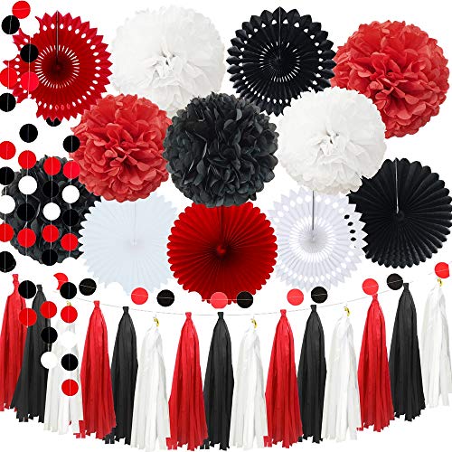 InBy Mickey Mouse Partydekorationsset "Happy Birthday", Minnie Mouse, 30,5 x 25,4 cm, Seidenpapier, Pompom, Quastengirlande, Girlande mit Kreisen, gepunkteten Girlanden und Papierfächern, Schwarz und Rot von InBy