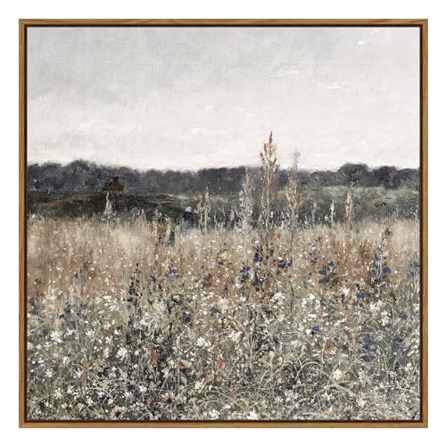 InSimSea Quadratische gerahmte Leinwand-Wanddekoration, Landschaftsfeld, Heimdekoration, 40,6 x 40,6 cm, Vintage-Wiesenblumen-Wandkunstdrucke, Retro-Naturblumen-Wanddekoration für Wohnzimmer, von InSimSea