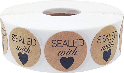 Brown Kraft Kreis mit Schwarz Sealed mit Herz-Aufkleber, 1 Zoll-Runde, 500 Labels auf einer Rolle von InStockLabels.com