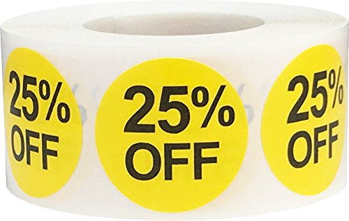 Gelbe 25% Rabatt Verkaufs Aufkleber, 25 mm 1 Zoll Einzelhandel Etiketten 500 Packung von InStockLabels.com