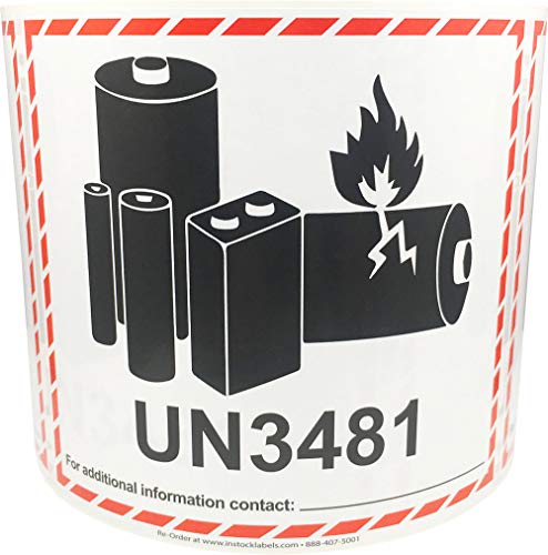 Laminiert Vorsicht Lithium-Batterie-Etiketten UN3481 4,5 x 5 Zoll 500 Adhesive Aufkleber von InStockLabels.com