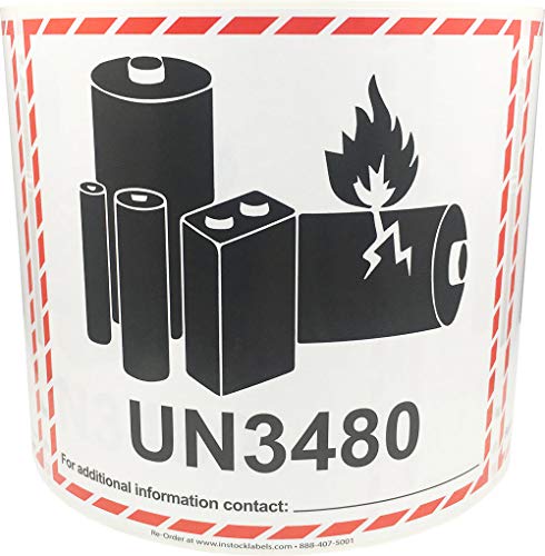 Vorsicht Lithium-Batterie-Etikett UN3480 4,5 x 5 Zoll 500 Adhesive Aufkleber von InStockLabels.com