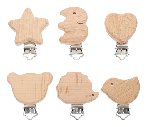 Inankool 6 Stück Holz-Schnullerclips, Schnullerketten-Anhänger in Niedlichen Tierformen, DIY-Pacifier-Ketten Zubehör für Babys und Kleinkinder von Inankool