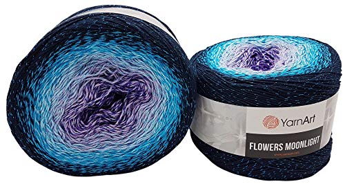 YarnArt Flowers 500 Gramm Bobbel Wolle mit Glitzer und Farbverlauf, 53% Baumwolle, Bobble Strickwolle Mehrfarbig (blau türkis Flieder 3254) von Inateck