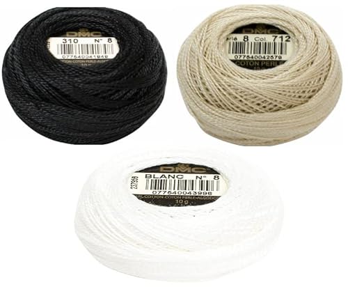 Inceler Supplies DMC 116/8 Perlgarn-Knäuel (Schwarz, Weiß, Creme), Schwarz (310), Bündel mit DMC-Perl-Baumwollknäuel Weiß (Blanc) und Creme (712), Größe 8, Länge 80 m, 3 Stück von Inceler