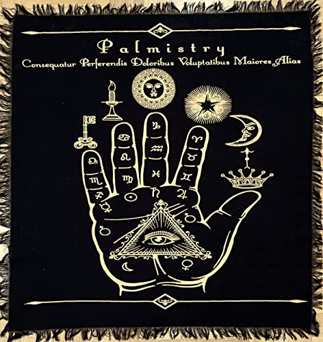 Indian Consigners Palm Line Wandbehang, Palmistry Altartuch, quadratisch, Tischdecke, heiliger Ort, Mond, Gesichter, Astrologie, Sternzeichen, Handlinien von Indian Consigners