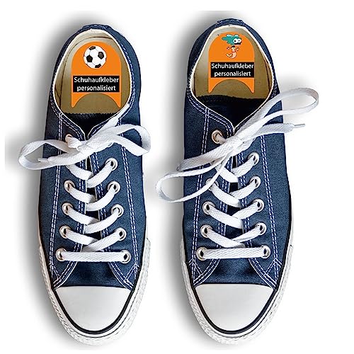 INDIGOS UG® Namensaufkleber für Schuhe ab 6 Stück - orange - individuell personalisierte Etiketten links rechts - zweifarbige Aufkleber für Schuhe mit Wunschtext - 100 Motive von Indigos