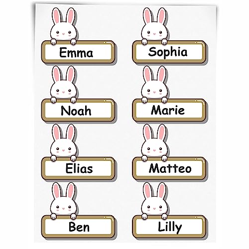 INDIGOS UG - 144 Namensaufkleber Kinder - Hase - 50x ca. 30mm - Niedliche Tierbabys - Cartoon - selbstklebend - individuell personalisiert - für Schule - Kindergarten Stifte, Federmappe, Lineale von Indigos