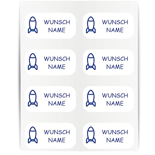 Namensaufkleber - 23x12mm für Wäscheetiketten - 60 Stück - blau - Rakete - Kleidung Namen Aufkleber Textilien - Schulkleidung Kleidungsetiketten - individuell personalisiert - kein Bügeln von Indigos