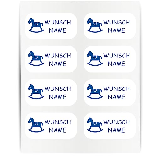 Namensaufkleber - 23x12mm für Wäscheetiketten - 60 Stück - blau - Schaukelpferd - Kleidung Namen Aufkleber Textilien - Schulkleidung Kleidungsetiketten - individuell personalisiert - kein Bügeln von Indigos