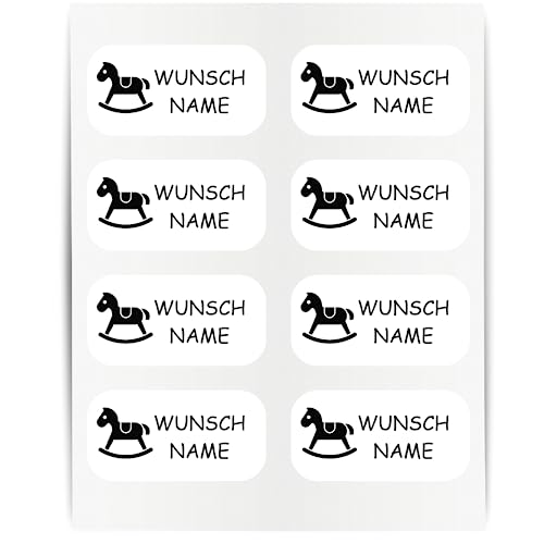 Namensaufkleber - 23x12mm für Wäscheetiketten - 60 Stück - schwarz - Schaukelpferd - Kleidung Namen Aufkleber Textilien - Schulkleidung Kleidungsetiketten - individuell personalisiert - kein Bügeln von Indigos