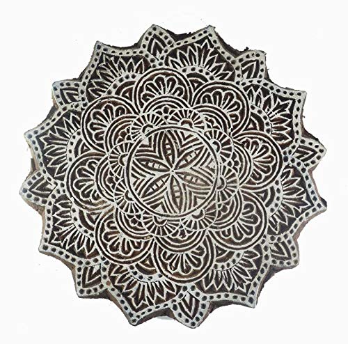 Handgeschnitzter Mandala-Stempel, Holzdruck, indischer Textilstoff, Bordüre, 15,2 cm von Indo