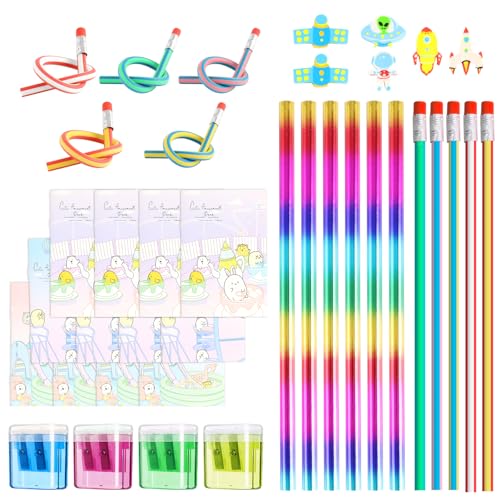 32 Stück Lustiges Schreibwaren Set,Bunt Holzstifte,Mini-Notizbuch,Buntstiftspitzer,Biegebleistifte Zauberstift,Space Radiergummi,Geschenk Einschulung für Mädchen und Junge, Kinder Party Mitgebsel von Indrnif