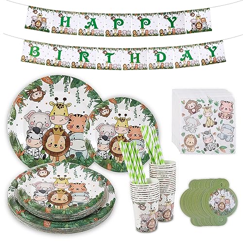 Infankey Pappteller Kindergeburtstag, Safari Partygeschirr Set für 16 Gäste, Einweggeschirr Set für Wild One Geburtstag Deko Babyparty Deko Junge von Infankey