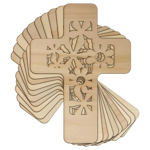 10 x Holzkreuz, filigranes Blumendesign, Bastelform, 3 mm lagig, religiös (18 x 12,6 cm, ohne Loch) von Infinite Crafts Design Resources