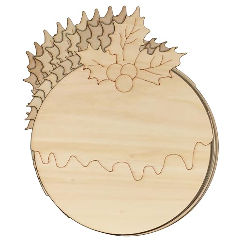 10 x Weihnachtspudding aus Holz, rund, mit Stechpalmen-Form, 3 mm Schicht-Dekoration (6 x 4,8 cm, ohne Loch) von Infinite Crafts Design Resources