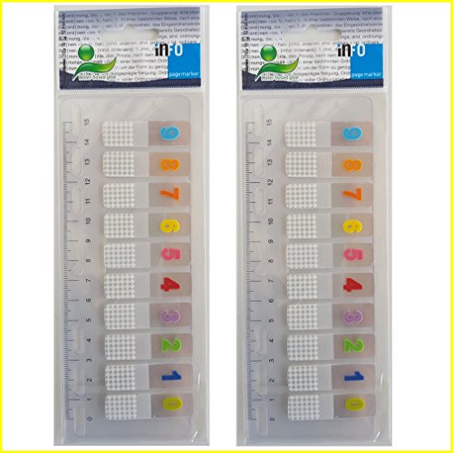 2 x Info-Seite Marker mit Lineal Index klein Sticky Notes mit Farbe Zahlen – 10 x 10 insgesamt 100 Marker je Pack – Dimension 12 x 45 mm von Info