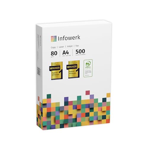 Infowerk Druckerpapier/Kopierpapier, 500 Blatt (1x500 Blatt), DIN A4, 80 g/m², hochweiß, Testsieger, PEFC-zertifiziert von Infowerk