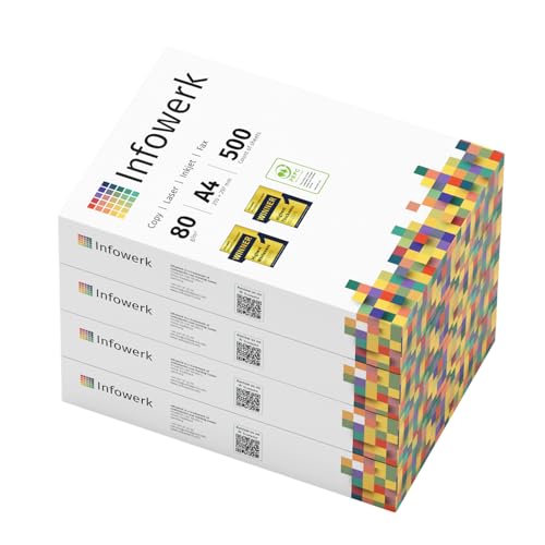 Infowerk Druckerpapier Kopierpapier 500-150000 Blatt A4 80g Premium Weiß Testsieger PEFC (2.000 Blatt) von Infowerk