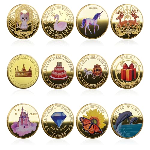 Infreecs 12 Stück Zahnfee Münzen, Zahnfee Goldtaler mit Verschiedenen Mustern, Tooth Fairy Coins, Zahnfee Geschenke für Kinder, Verlorenen Zahn Kinder Geschenke Souvenir für Mädchen und Junge von Infreecs