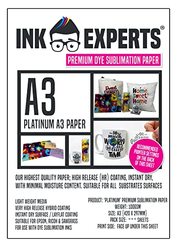 Ink Experts 100 g/m² Platinum A3 Premium High Release Dye Sublimationspapier (100 Stück) von Ink Experts