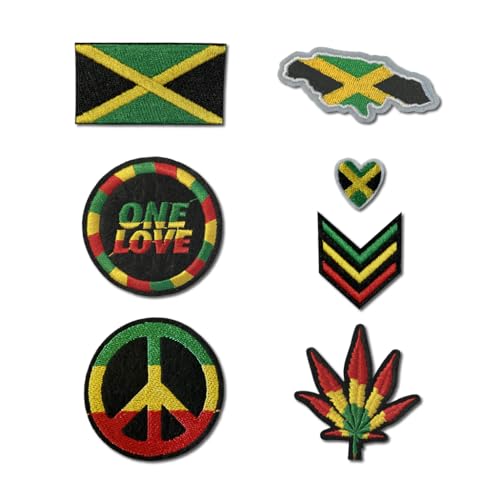 Set mit 7 Jamaika-Stickerei-Aufnähern, zum Aufbügeln oder Aufnähen, besticktes Motiv, Transferdruck, Jamaika-Flagge, Karte, Herz, Rasta, Frieden von Inking House