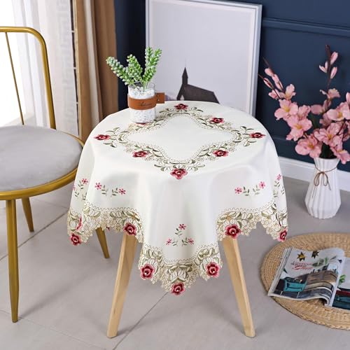 Inmerget Kleine Quadratische Tischdecke mit Rosenmotiv Bestickt 85 x 85 cm Cremefarben Polyester von Inmerget