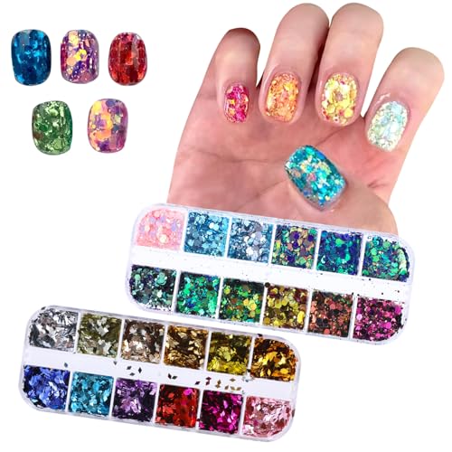 2 Boxen 12 Farben Nagel Pailletten Glitter Holographische Nagel Pailletten Blattgold Nailart Nagel Pailletten Glitter Goldfolie Bunte Flocken Nail Art Glitter Sequins für Nägel Deko von InnoHHustle