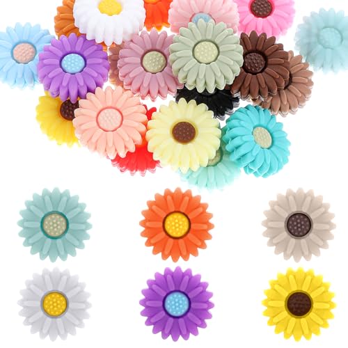 20 Stück Sonnenblumen-Silikonperlen, 20 mm, runde Gänseblümchen-Perlen für Schmuckherstellung, Gänseblümchen, flache Blumen-Abstandshalter, Perlen für DIY, Schlüsselanhänger, Armband, Halskette, von InnoHHustle