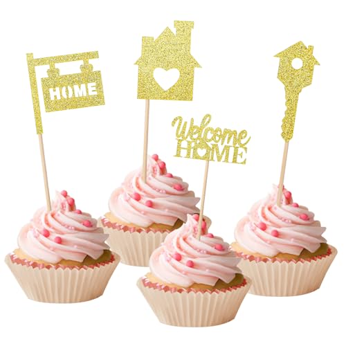 24 Stück Sweet Home Cupcake Toppers Gold Glitzer Schlüssel Einweihungs Cupcake Pick Dekorationen Einweihungsparty Kuchendekoration für Willkommen Neues Zuhause Thema Party von InnoHHustle