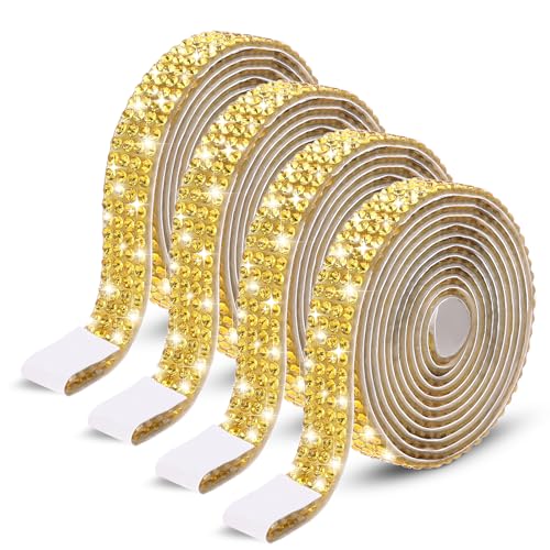 4 Rollen Strassband Selbstklebend Glitzer Strasssteine Selbstklebend Glitzerband Kristall Strasssteine Band zum Aufnähen für DIY Projekte und Hochzeitsdekoration (4 Reihen à 1 Yard, Gold) von InnoHHustle