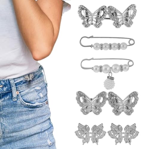 6 Stück Knöpfe Hosen Enger Machen Clip MachJean Buttons für lose Jeans Butterfly Buttons Pins für lose Jeans Wieder verwendbare Taille Cincher Clip Pearl Brosche für Kleidung Röcke Kleider Keine von InnoHHustle