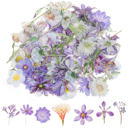 Blumen Scrapbooking Aufkleber, 124 Stück PET Blumen Scrapbooking Sticker Aesthetic Fotoalbum Sticker Vintage Sticker Enthält Lila und Weiße Blumen Sticker für DIY Tagebücher Karten Fotoalbum von InnoHHustle