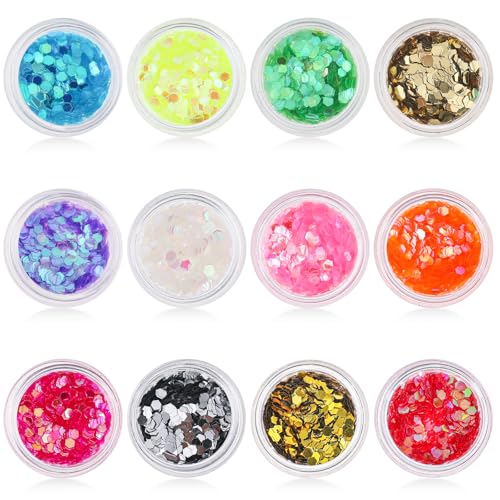 Farben Mini Glitzerpulver Set,Feiner Glitzer in 12 leuchtenden Farben,Bastelglitzer für Party und Kunstunterricht, Chunky Glitzer Pulver Glitzerpuder Zum Basteln für Make-up, Karten, Party, DIY von InnoHHustle